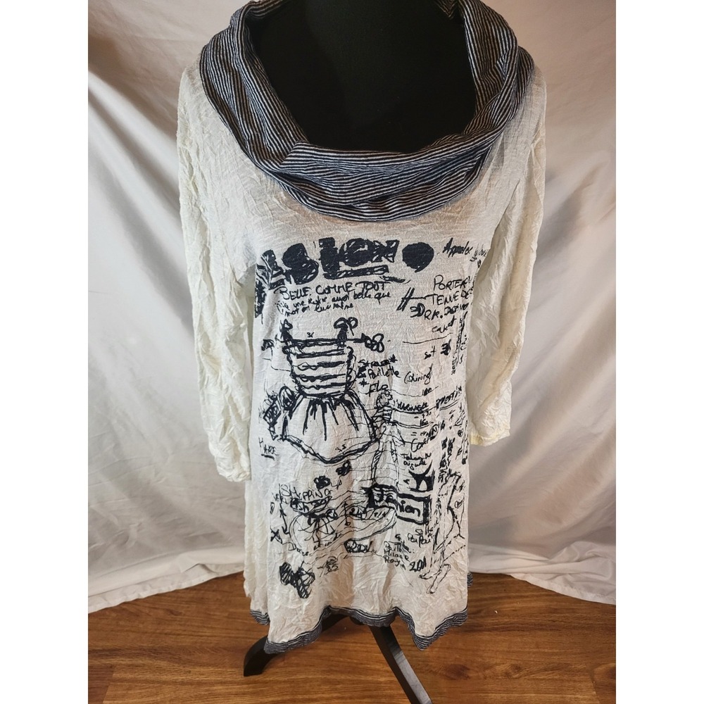 Alison Sheri Large White Abstract Tunic Cowl Neck Long Sleeve Shark Bite Hem